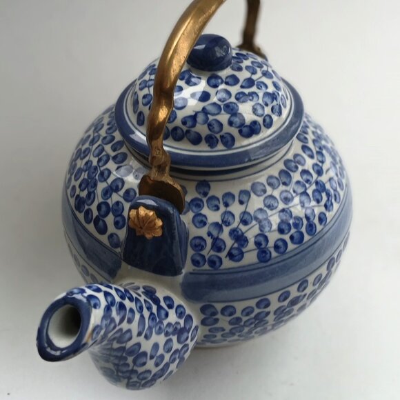 Oriental Style Blue & White Porcelain Teapot With Brass Handle Not Used VTG - Picture 3 of 12